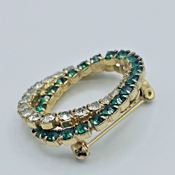Emerald Green Brooch Vintage Open Double Oval Crystal May Statement Jewelry Pin - Picture 2 of 10